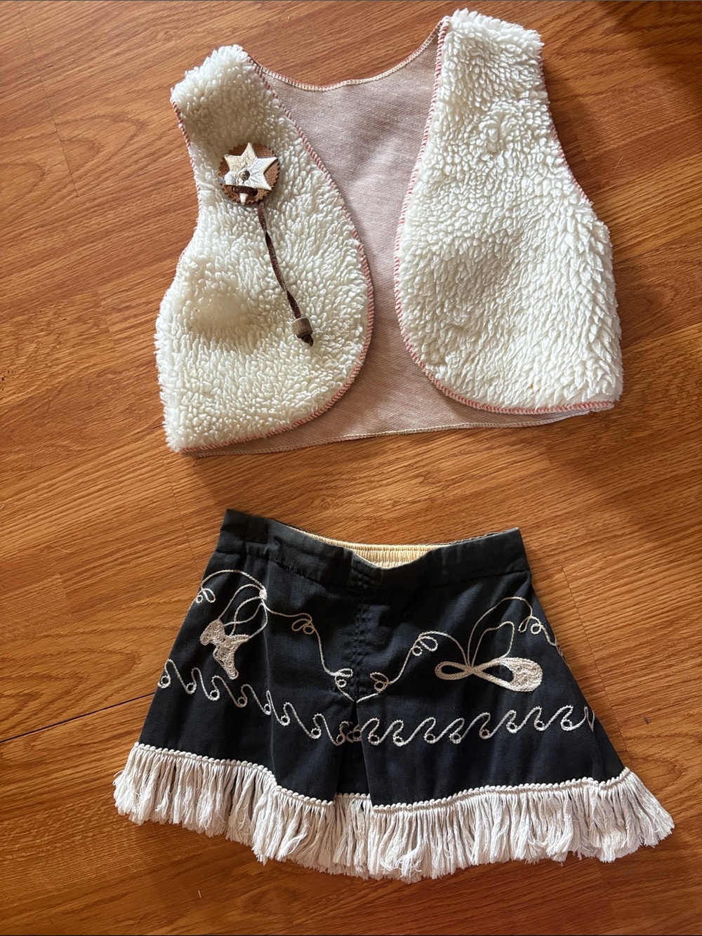 Vtg Children’s Black Fringe Embroidered Skirt and Fleece Vest with Star Accent